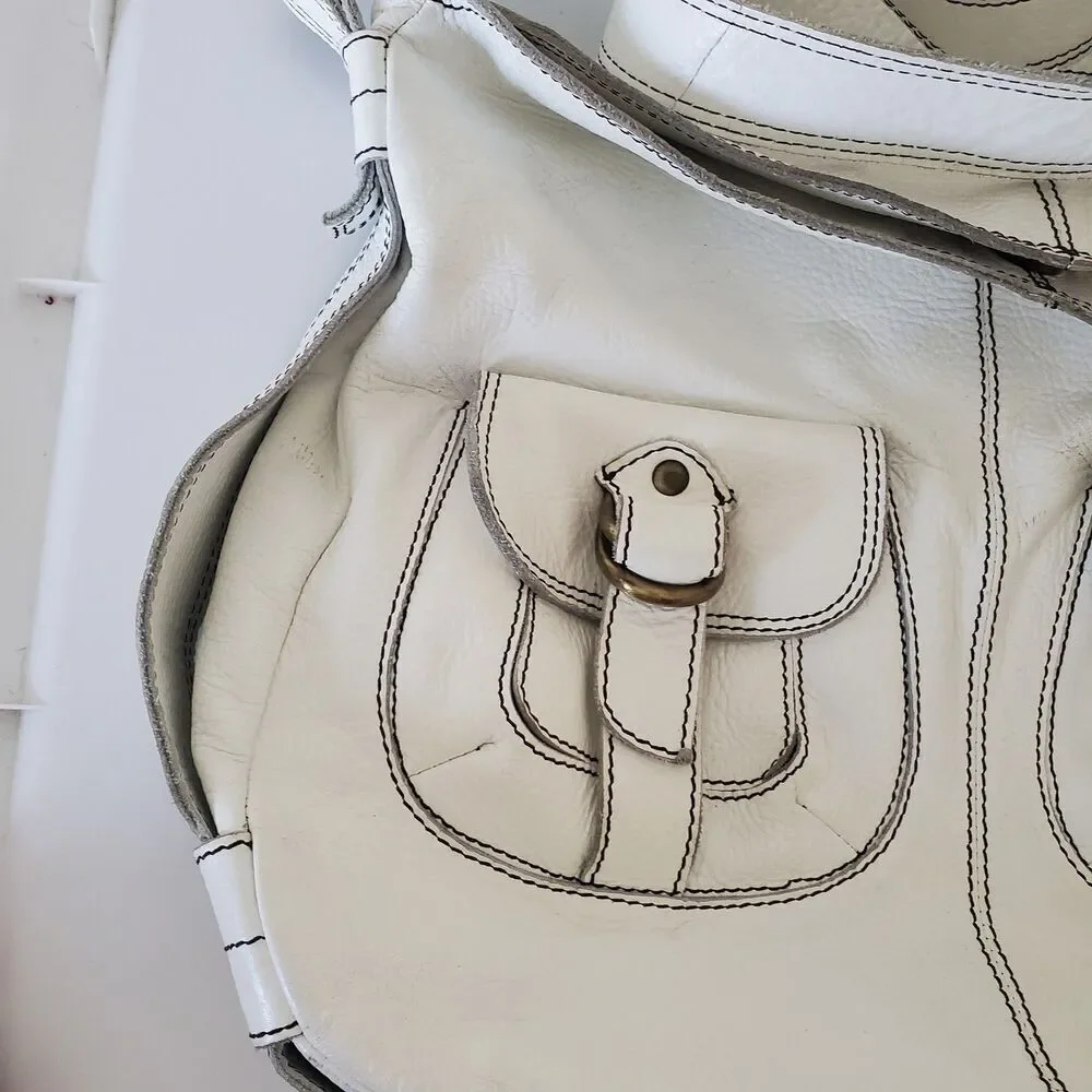 Oushka Vintage White Leather Shoulder Bag Hobo Purse w/ Front Pockets Crossbody